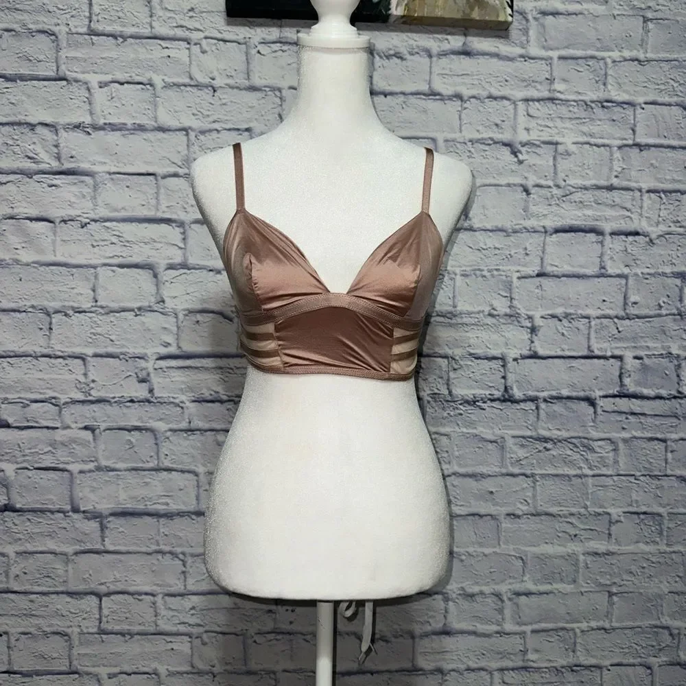 Victoria Secret Bra Strappy Mesh nude long line Satin beige sheer bralette Small